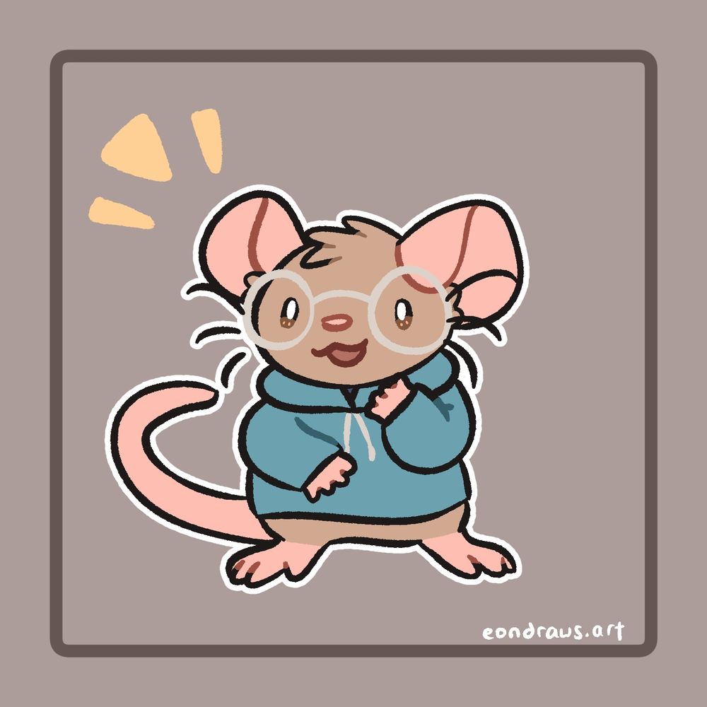 a fluffy little brown mouse wearing a blue hoodie and light grey round glasses stands on her hind legs, looking up happily as if she sees someone she knows!