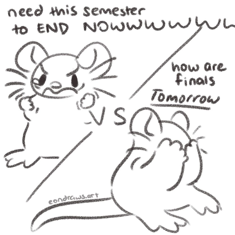 two panels, separated by a diagonal line and the letters "VS".
panel 1: a rat clenches their fists in rage, looking extremely upset to the point of tears. they yell, "need this semester to END NOWWWWWWWW"
panel 2: a rat buries their head in their paws, looking anguished. they say to themself, "how are finals Tomorrow"