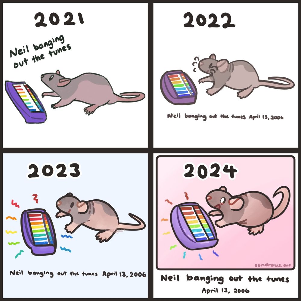 an image split into 4, with my art from 2021-2024 in each corner. they are all drawings of the same scene: a hairless rat named Neil, playing a purple toy piano