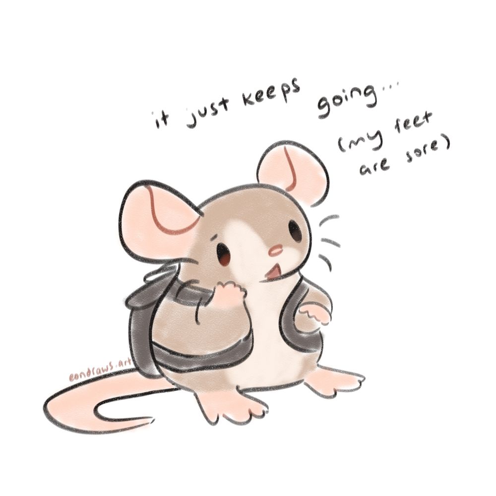 my ratsona, carrying a large black backpack, stands on their hind legs and looks up, concerned. they say, "it just keeps going... (my feet are sore)