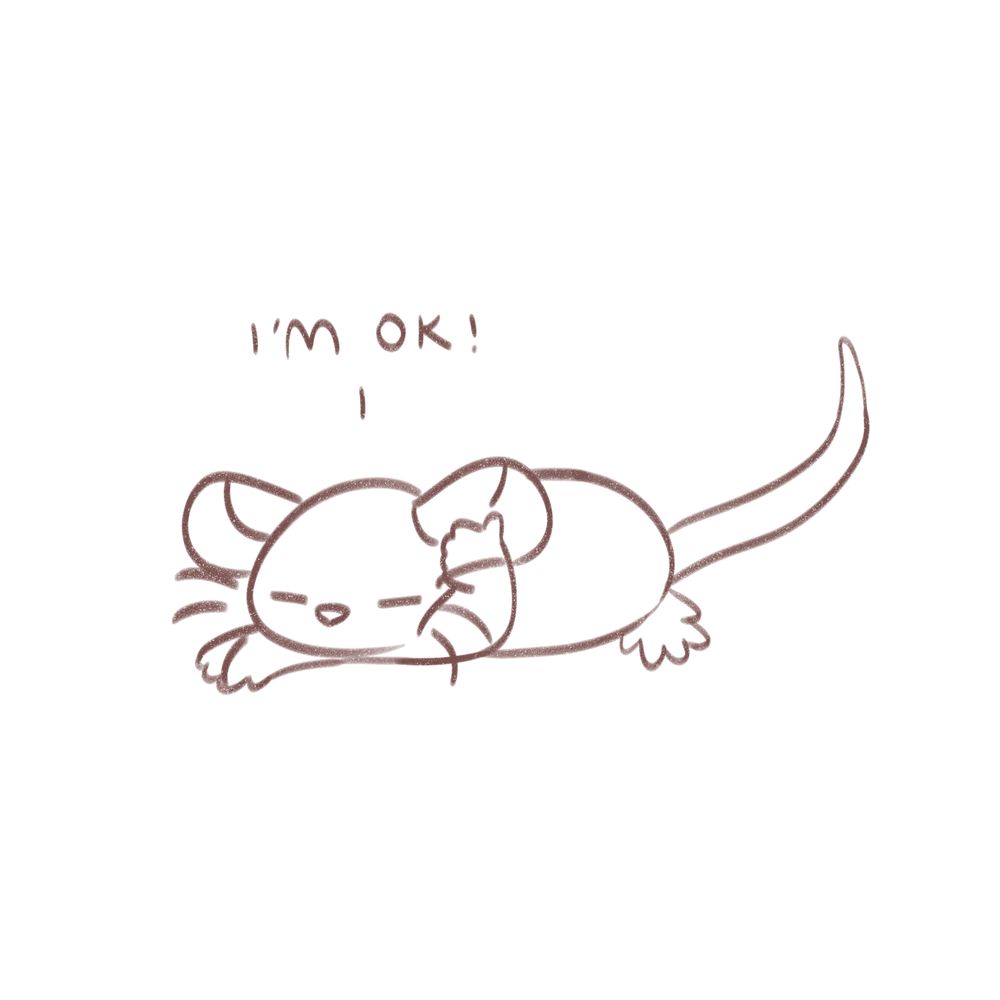 a doodle of a rat lying on the ground, looking exhausted. they hold up one paw in a thumbs up sign, and say, "I'm OK!"