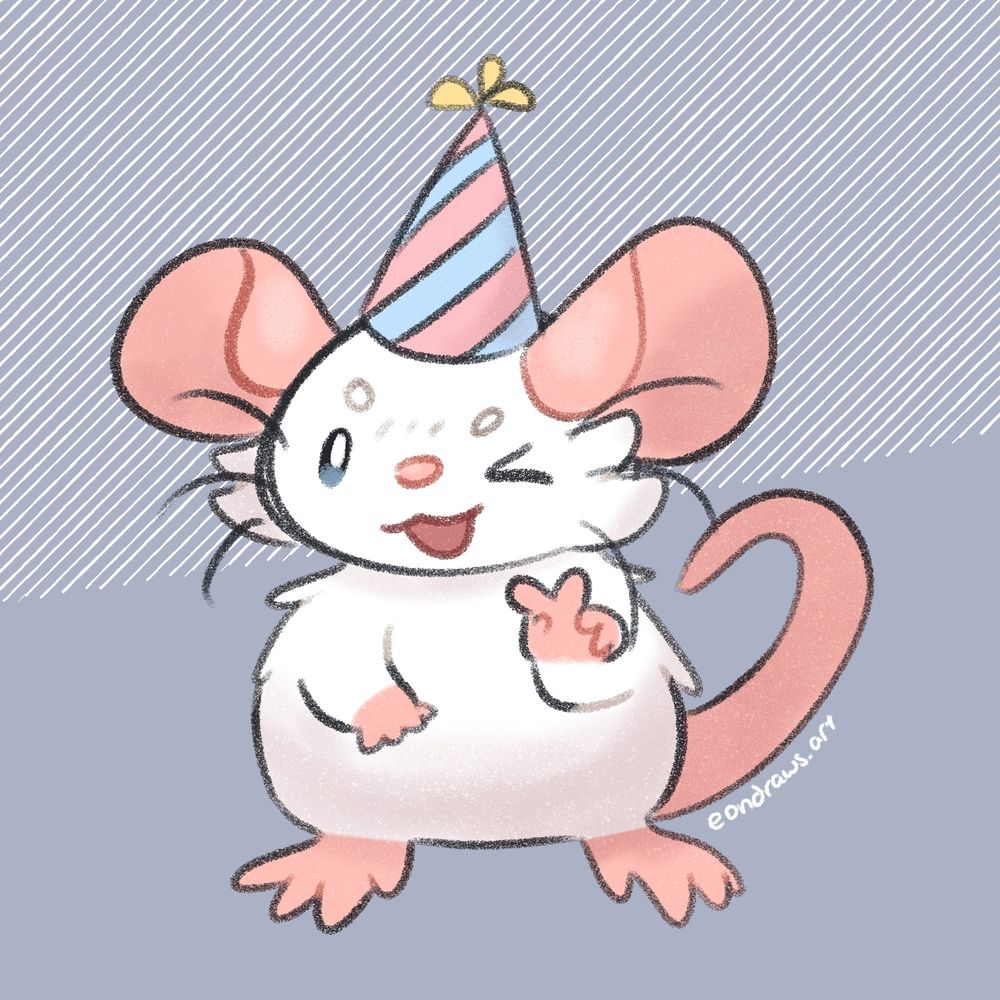a fluffy white mouse wearing a party hat, with huge ears and a small body. he poses happily with a peace sign and a cute wink!