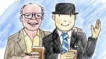 An illustration of Ray Brooks having a pint with Mr Benn.