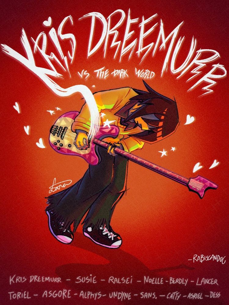 Kris Dreemurr de Deltarune tocando guitarra com pose inclinada para baixo num fundo vermelho. Dá guitarra sai uma linha que vai acima da cabeça de Kris e forma a frase "Kris Dreemurr", abaixo está escrito "vs the dark world".