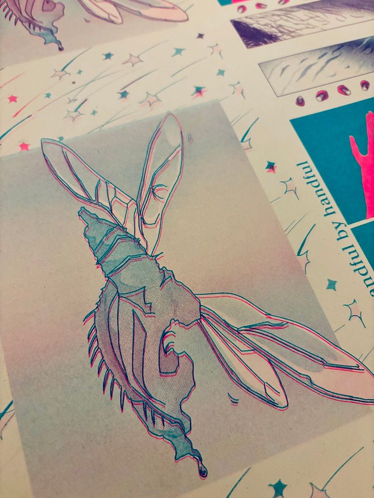 Riso print (aqua + fluoro pink) - two sets of wings poking out from inside a chrysalis. 
