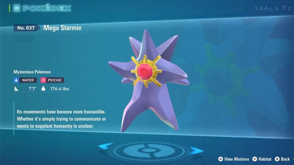 Screenshot of Mega Starmie from Pokémon Legends ZA. He now has the proportions of a human. A featherless biped... is this man?