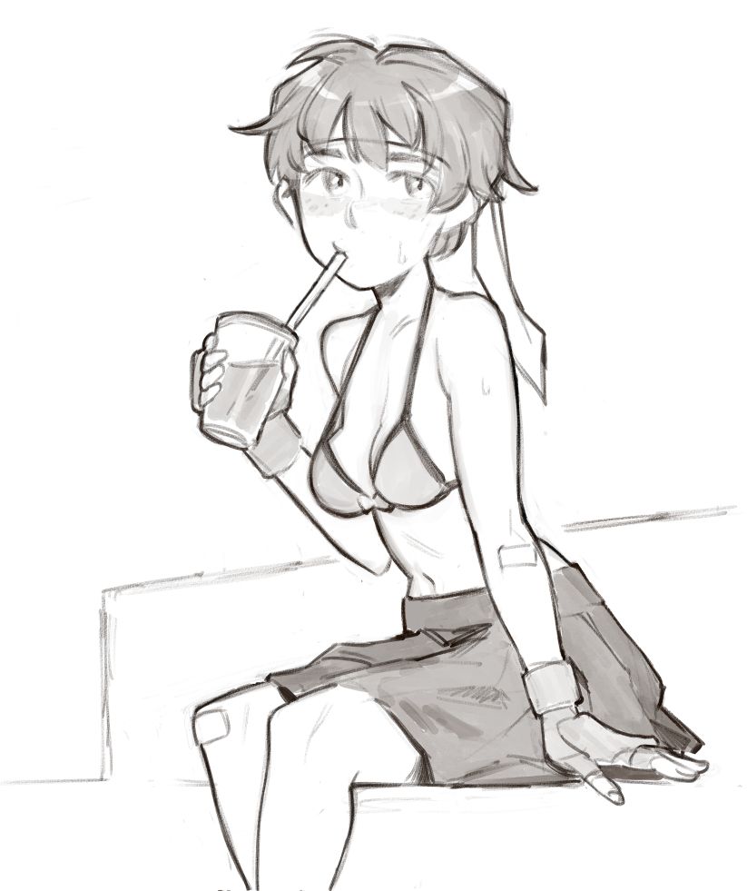 A sketch of Sakura Kasugano from Street Fighter. She is sat on something and leaning forward, her left hand rested by her side and her right hand holding a drink with a straw, which she is drinking from.

She's wearing her original uniform, but only the skirt. She is wearing a bikini top with a bow between her breasts. She has two small bandages on her knee and elbow.
﻿