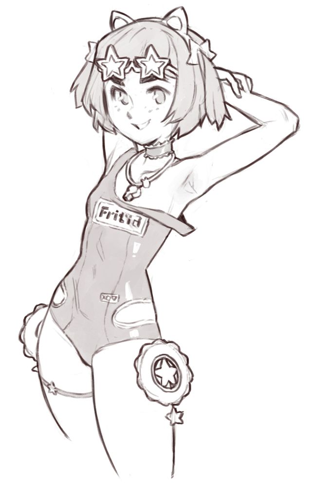 A drawing of Fritia from the game Snowbreak. She's wearing a swimsuit with holes cut at the hips. Her name is on the chest and one shoulder strap is hanging loose.

She has a whistle around her neck and a pair of glasses raised to her forehead with star shaped frames. She also has a small set of animal ears on a headband.
