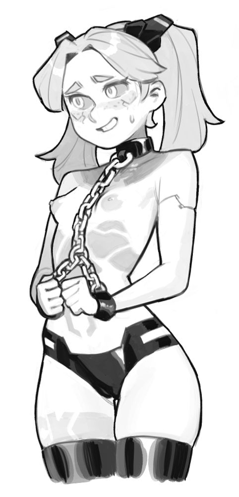 A drawing of Rebecca Cyberpunk wearing very little. She is topless and wearing some tight black undies. We can see the tops of thigh high latex stockings.

Her wrists are shackled together and joined to a collar around her neck with a thick chain. She has a mischievious smile.