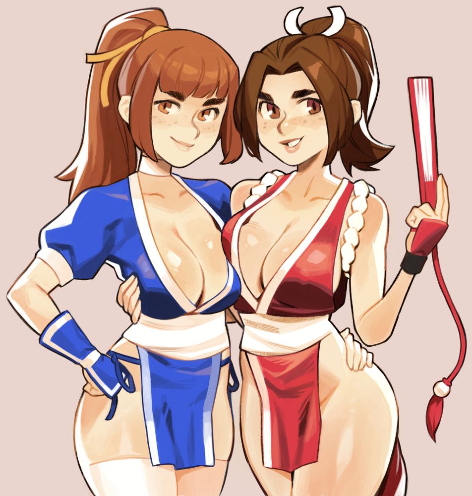 A drawing of Mai Shiranui of King of Fighters and Kasumi of Dead or Alive, both in very close proximity with their large breasts squished together. Specifically, they are side by side so Mai's right breast is squished against Kasumi's left breast. Their breasts are very large and their outfits have been modified to reveal a lot more skin than they usually do, because I wanted to and you can't stop me.