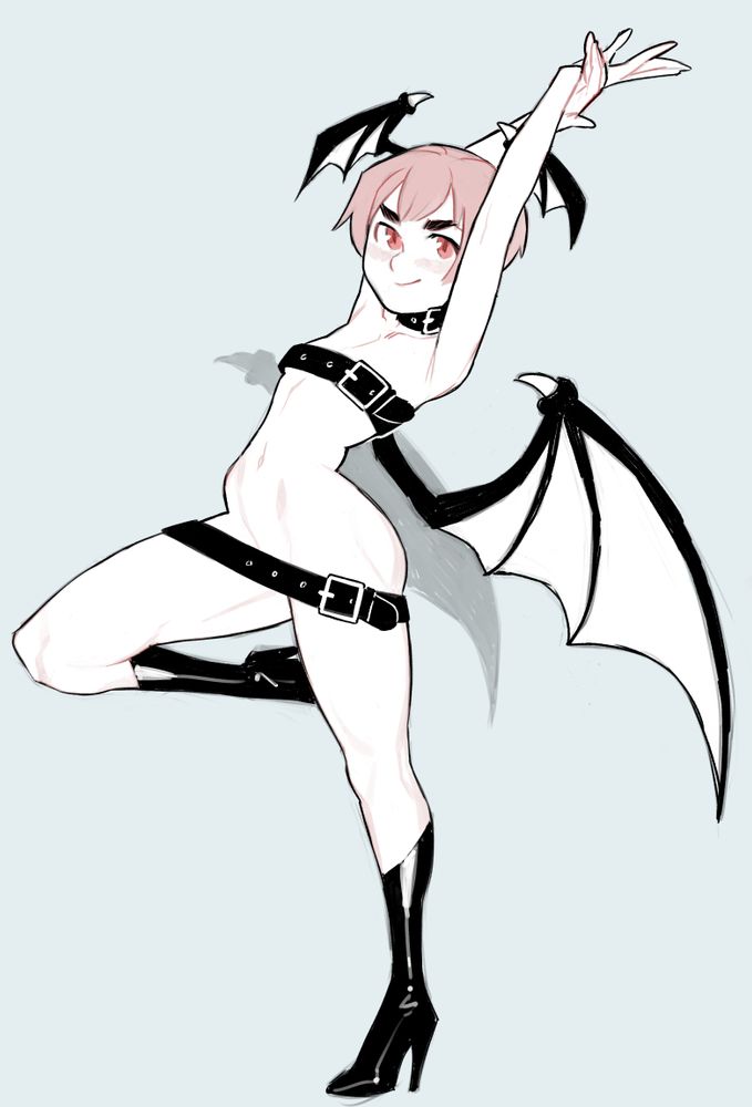 Art of Lilith Aensland standing on one leg and stertching her arms above her head. She is wearing nothing except 3 belts, one below her waist obscuring her crotch, one around her chest obscuring her breasts and one around her neck obscuring her neck. She still has her hgih heel boot on.

It's a thoroughly impractical outfit.