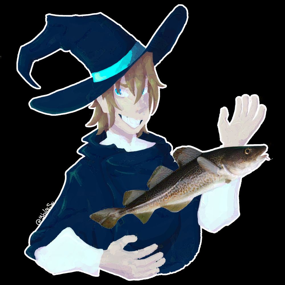 Digital lineless artwork of a cocky looking long haired caucasian man with long light brown hair and blue eyes holds his hands out where a real life cutout of a cod hovers. His face supports the man is wearing a button up white shirt with a dark blue cape on top, he has a witch hat matching the cape, with a blue ribbon matching his eyes.