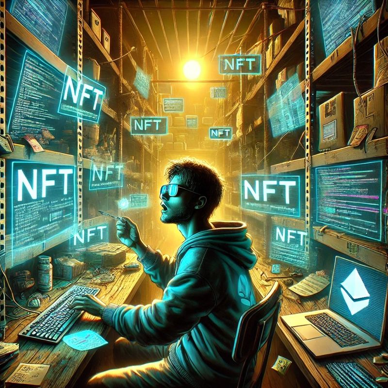 Illustration of a young hacker in his late 20s to early 30s sitting in a dimly lit storage unit, experiencing a moment of breakthrough. His face is illuminated by the neon glow of multiple monitors displaying NFT transactions, blockchain records, and cryptographic hashes. His eyes are wide with realization, and his fingers hover over the keyboard as if he just unlocked something profound. Scattered notes, digital projections, and half-finished code experiments surround him, emphasizing his obsessive search for meaning. A holographic NFT identifier flickers above his desk, symbolizing his discovery. The cluttered physical space contrasts with the vast digital landscape unfolding before him, highlighting the tension between the material and virtual worlds.