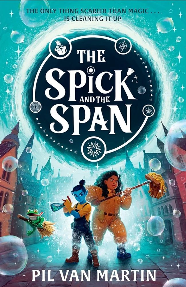 Cover with illustration of 2 children and a frog with mops and surrounded by bubbles in a town.
Strapline: The only thing scarier than magic...is cleaning it up.
Unflrtunately I don't have it to hand to check the cover illustrator.