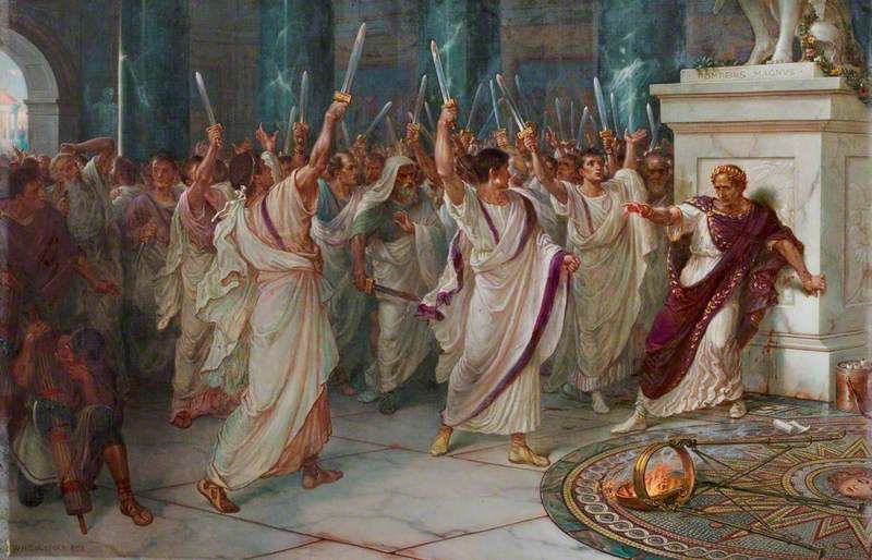 Roman senators raise their knives before Julias Caesar