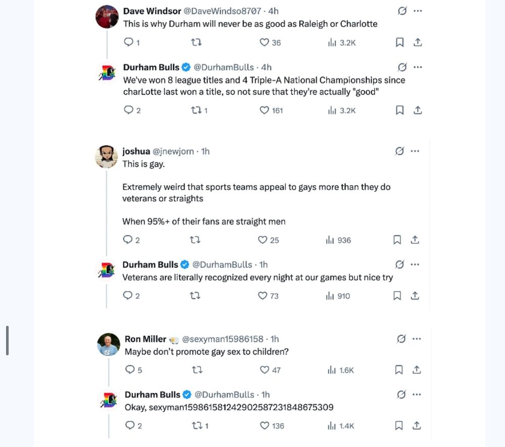 The Durham Bulls Twitter account posting about Pride Night and then demolishing all of the homophobes in the replies.