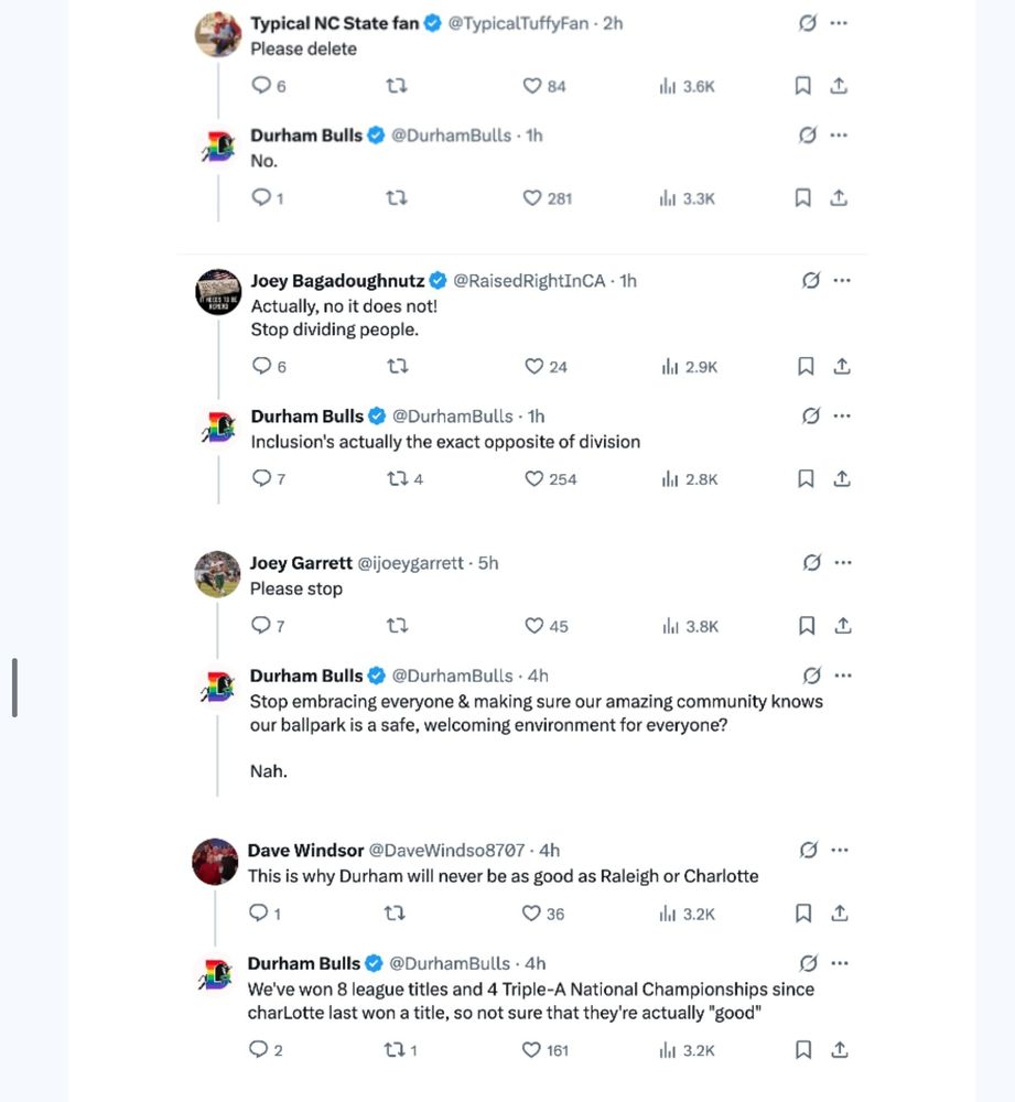 The Durham Bulls Twitter account posting about Pride Night and then demolishing all of the homophobes in the replies.