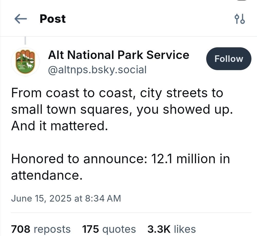 Post from "alt national park service" account reading "From coast to coast, city streets to small town squares, you showed up. And it mattered. Honored to announce: 12.1 million in attendance." 
The 12.1 million figure is 300 percent more than every estimate produced by experts and scholars who carefully went through nationwide reports.
