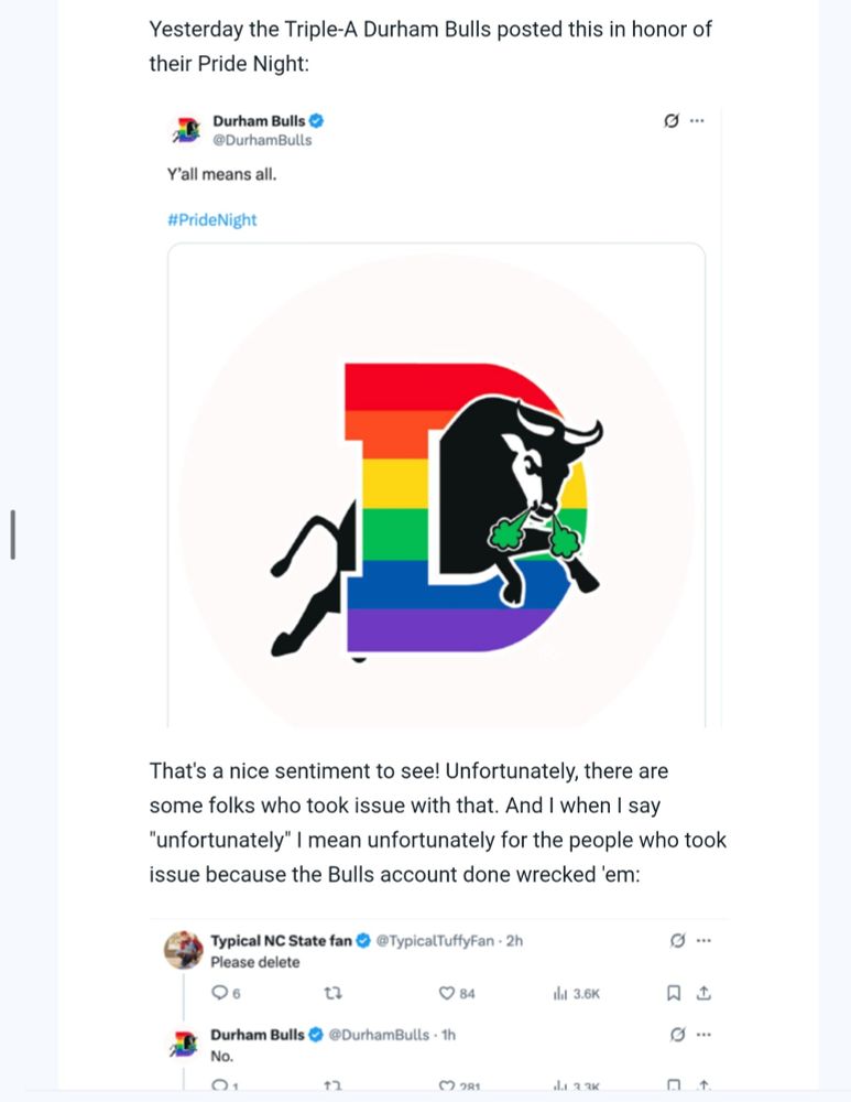 The Durham Bulls Twitter account posting about Pride Night and then demolishing all of the homophobes in the replies.