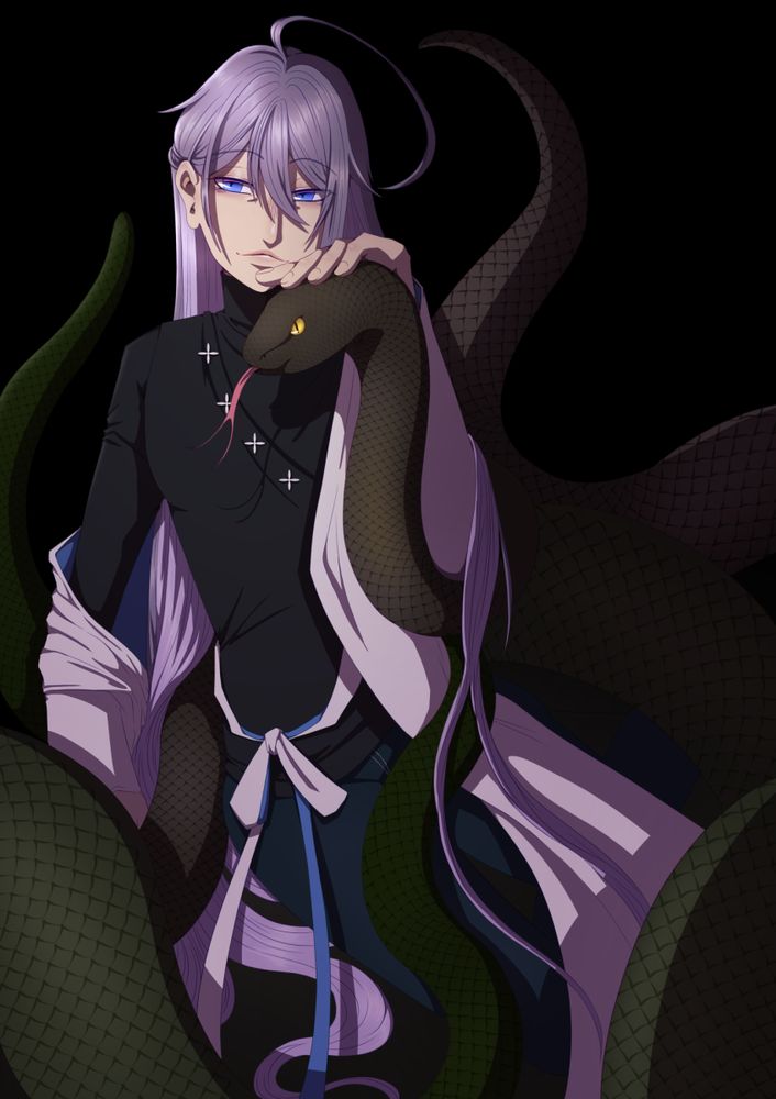 anime styled artwork of character jakurai jinguji from hypnosis microphone, sitting in darkness, surrounded by snakes