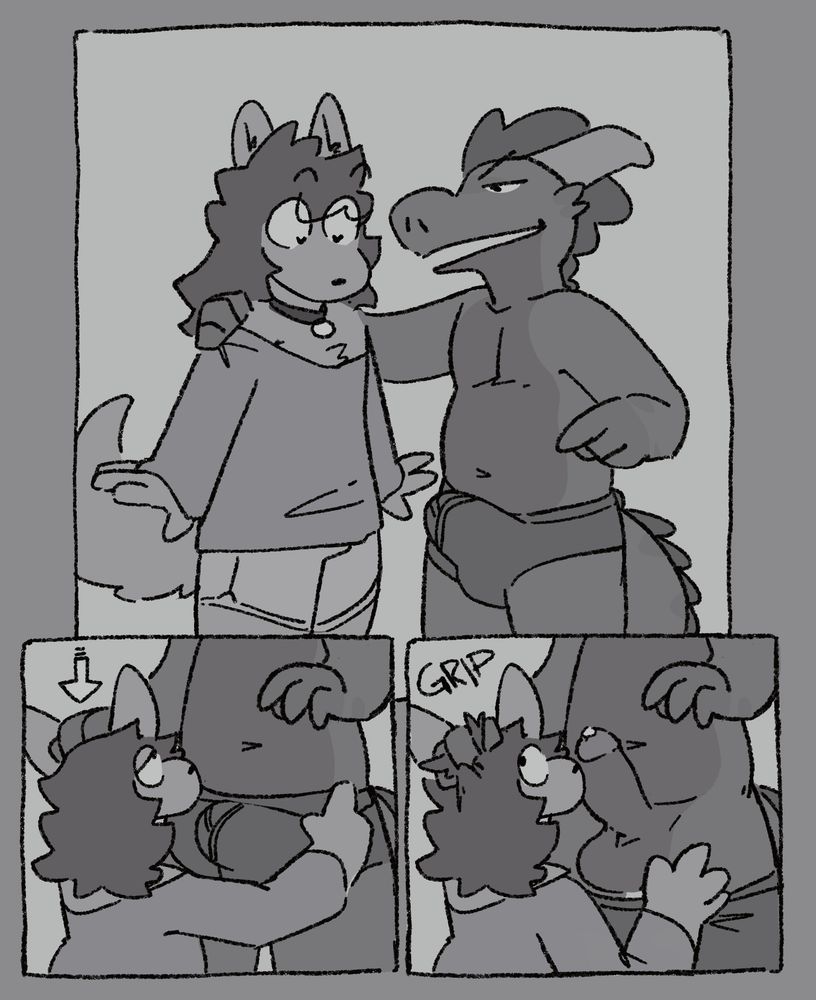 three panel comic page with dav and sog. panel 1, dav has his hand on sogs shoulder as he points drawing attention to his undie bulge urging sog to take car of it. panel 2+3, dav lower sogs to his waist and grips his hair once his undies are pulled down