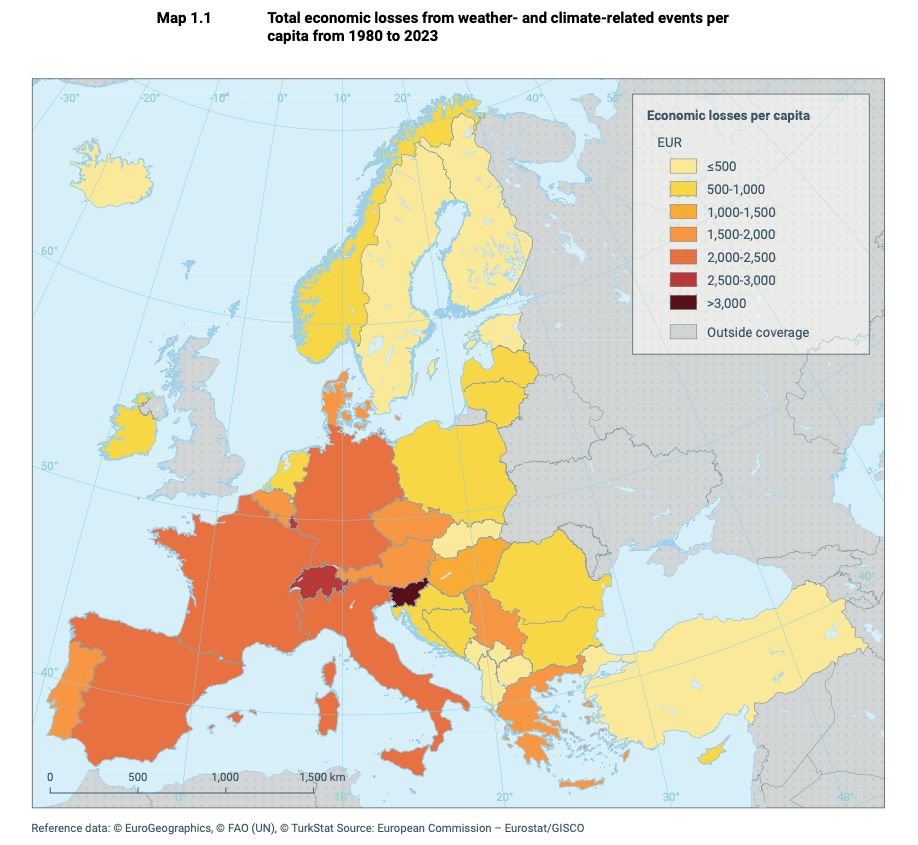 Total economic losses from weather- and climate-related events per capita from 1980 to 2023
