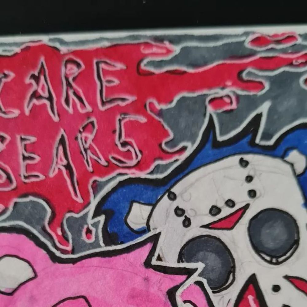 Grant Perkins on Instagram: "New #Sketchcard available for purchase. £50.

Scare bears.

#Freddy #Jason #horror #parody #carebears #teddykrueger #blood #art #artwork #humanartist #nightmareonelmstreet...