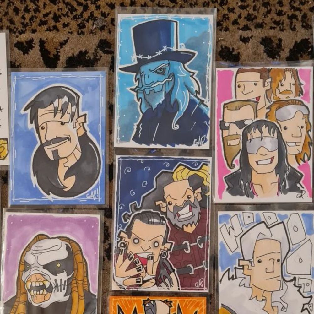 Grant Perkins on Instagram: "Hey guys, heres a look at the hand drawn #Wrestling #sketchcards I have available. £50 each, DM to purchase. 

#shockmaster #TheFiend #unclehowdy #Undertaker #finnbalor #h...