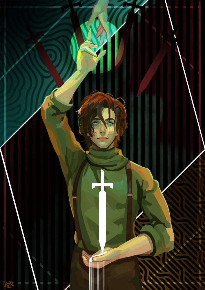 Artfight attack from @notdax.bsky.social‬ on Father Richard Anscham, the antiheroic MC of the dark fantasy and horror visual novel Catalyst: Blind Faith. A bold, neon-green palette is used for lighting on a tarot-card styled digital art piece. Dark swords point towards Richard on an asymmetric and geometric background, with motifs of pillars or bars. The tall and lanky center figure is a young and broad-shouldered male, dressed in simple long-sleeved clothing and thin suspenders, with mussed hair and a scarred face like broken pottery. He's standing tall and confidently, holding a sword in one hand, as a white substance like sand pours over his palm. His opposite hand is raised upwards, nearly touching a feminine hand from a source above him. The same eerie, deep green light that fills his eyes is magnified over his raised hand, like a spotlight bringing the focus of the image to the figure he's reaching towards and who is reaching for him in return.
