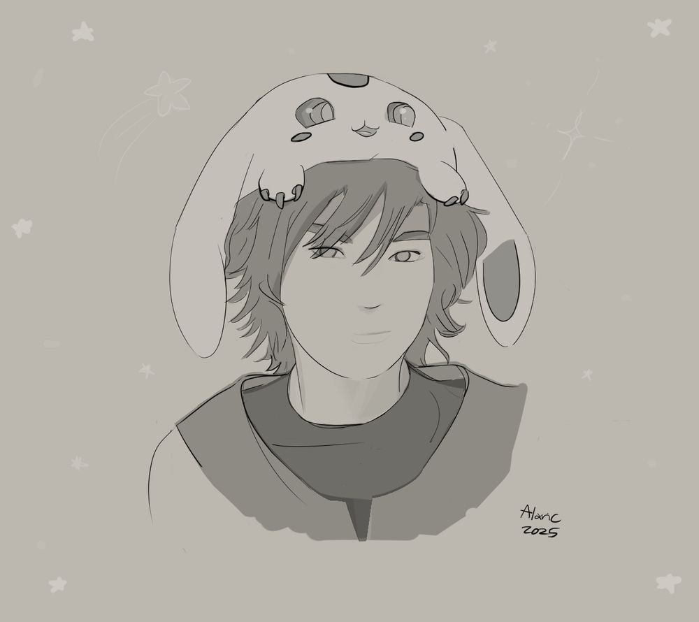 Grayscale drawing of two OCs, created by mewt (@mewtelier.bsky.social‬) and drawn by Alaric for artfight. Leo is a smug, humanoid trainer character with spiky, fluffy hair. On his head, worn like a plushie hat, is Ruby. Ruby is a plushie monster character, who has long ears like a rabbit, stubby limbs, and big shiny eyes. Dark patterns on Ruby's face are evocative of blush marks. An abstract pattern of cartoonish, light stars are in the background.