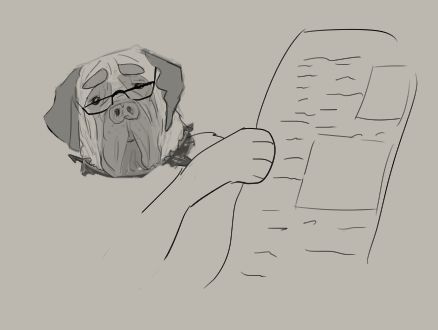 Meme parody sketch of Tommy Lee Jones with a newspaper, but it's a wrinkly English mastiff instead. The dog is wearing the same glasses and looks mildly amused.