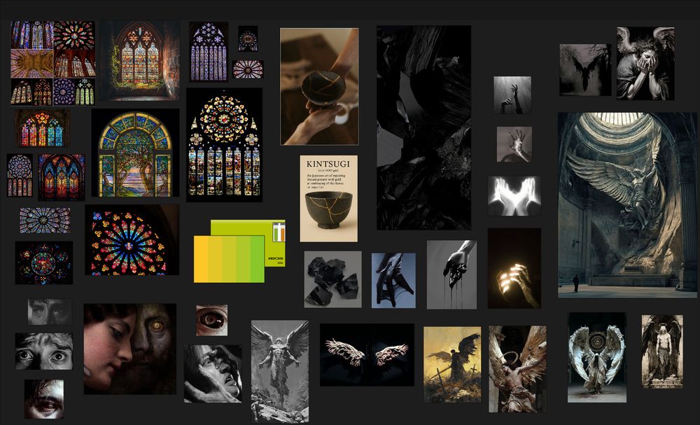Mood board for a demon of faith. Many images of stained glass, color palettes for bile, men with horrified facial expressions, obsidian, kintsugi, glowing hands, bleeding hands, large wings, and gothic Renaissance art is predominant. Many of the art pieces show fallen angels or other figures posed dramatically and/or in flight.