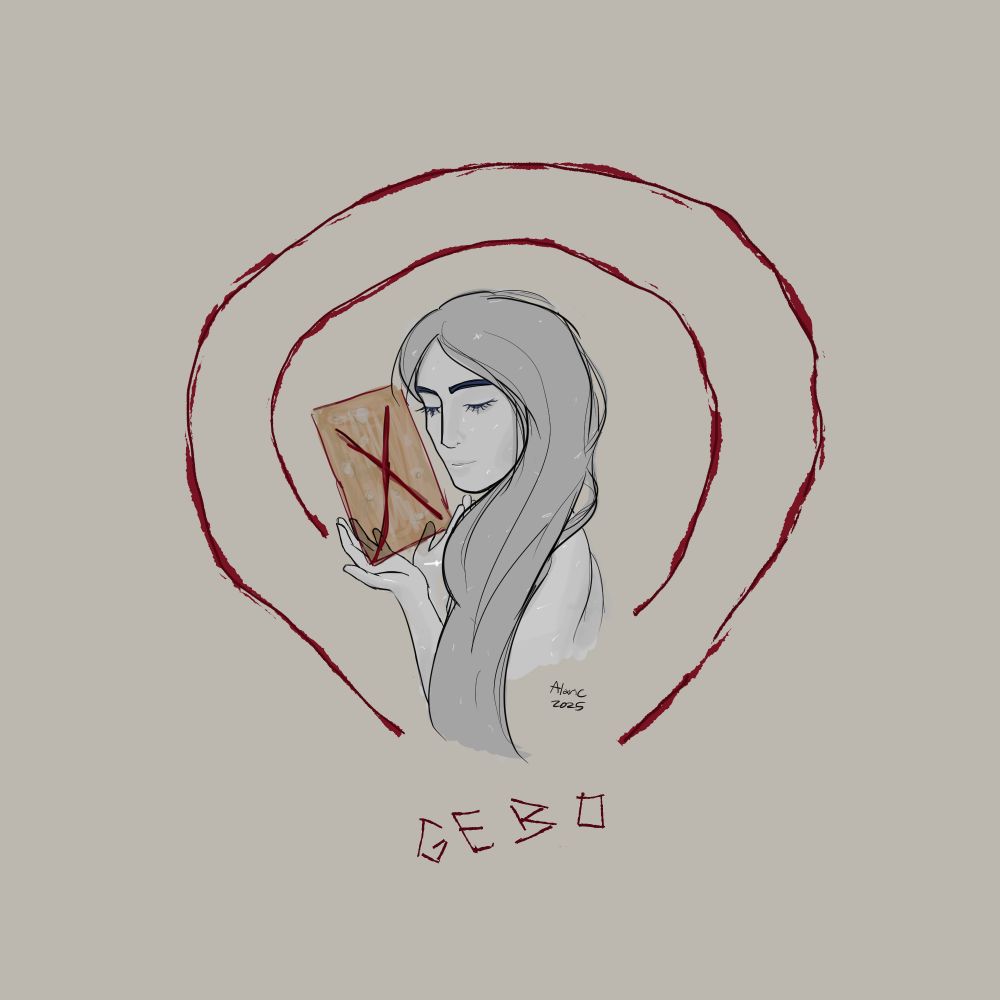 Grayscale drawing of "Gebo," a personified rune with long straight hair and speckles of light in their skin and hair. They are holding a grungy rectangular 'x'. Their crossed forearms and hands mimic the same shape. Grungy streaks of color, matching the rune, surrounds them like a morbid halo.
