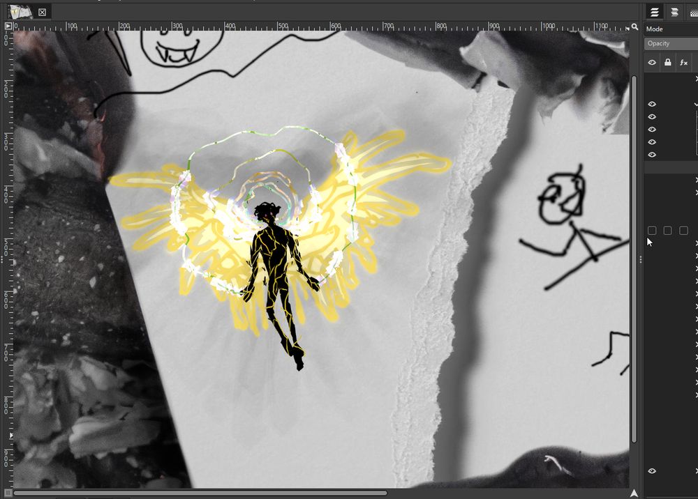WIP screen for a chapter in the dark fantasy and horror visual novel Catalyst: Blind Faith.

A bizarre, photobashed, torn up, and burning pile of papers is nestled in charcoal. Drawn on both the pages are several goofy stick figures for composition placeholders. Front and center is an emaciated man, with jet-black skin that's breaking apart from heat. Gold runs through the cracks in his body like kintsugi. A halo of bile surrounds him, spreading from his outstretched hands. Chunks of geometric light run along the halo. Bits of colorful glass fill his eyes. He's backed by glowing wings, made up of many golden hands. The page is very smudged, putting a visual akin to darkened clouds behind the main figure's gaudy wings without reaching the center mass of his body.