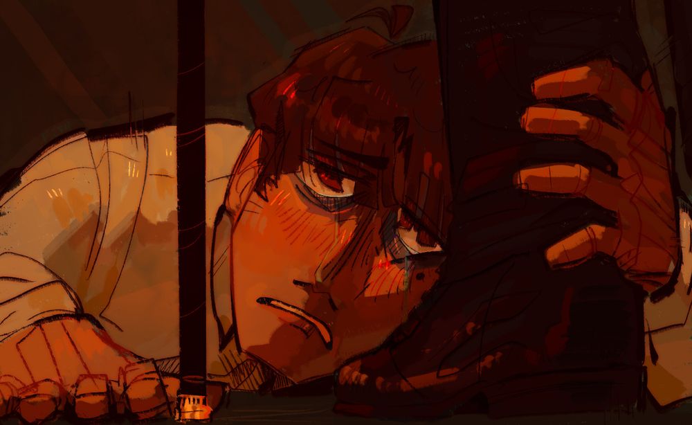 Ludwig groveling at Theodore's feet with tears in his eyes. Theodore's cane frames his face, trapping him against his shoe.