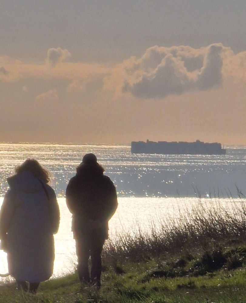 View from Beachy Head out over English Channel to a large container ship.