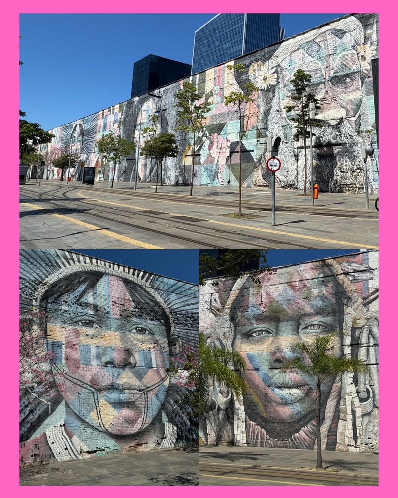 Drei Fotos des Wandgemäldes von Eduardo Kobra: eine Aufnahme der gesamten Mauer, zwei Auschnitte, die jeweils ein Portrait zeigen: eines  Gesichts, das für den afrikanischen Kontinent steht, und eines, das für den südamerikanischen Kontinent steht. 