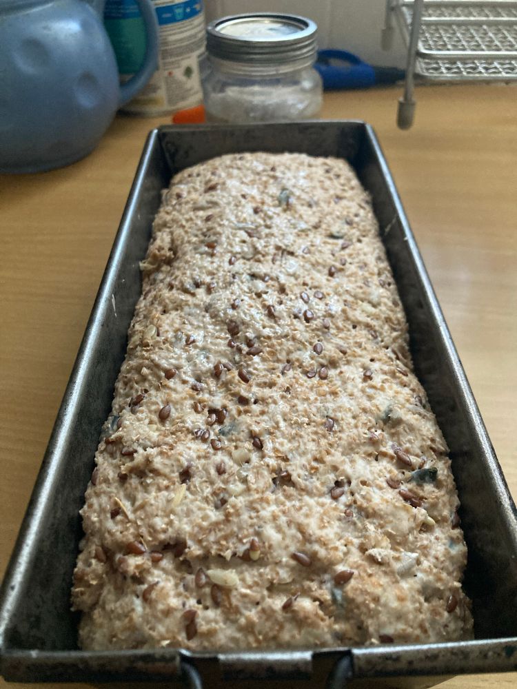 Sourdough wholewheat seed bread ready to bake.