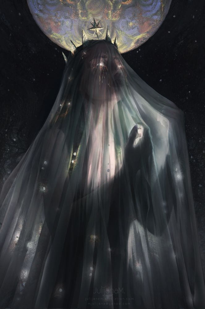 Illustration of a veiled woman with a crown, standing beneath a glowing moon, surrounded by stars. Her veil flows like mist, blending into the night sky. She is light herself, lit from within. 