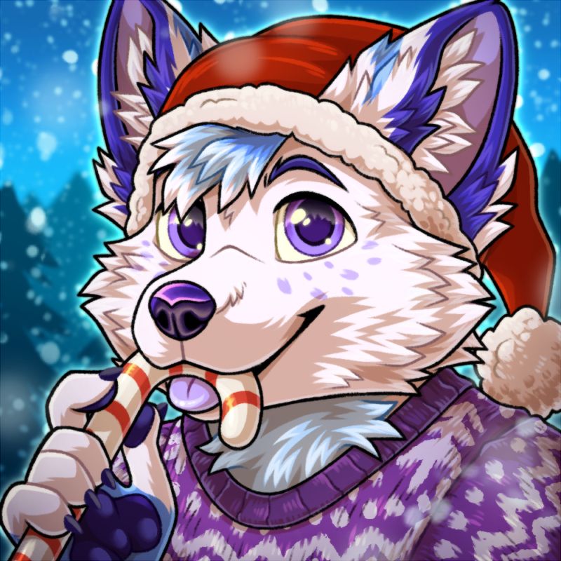 My sona is wearing a Santa hat and a purple pullover. He has a sugar cane in his mouth and it's snowing in the background.