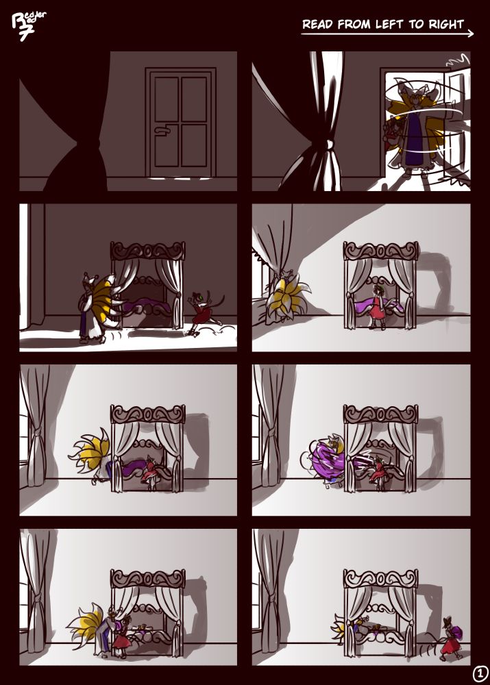 Touhou fanart comic, page 1 of 3. Ran opens the door to Yukari's room with Chen in tow. She crosses the room to open the curtains and let more light in. Then she walks over to Yukari's bed and pulls the blanket off of Yukari. She gives Chen the blanket, which the nekomata walks away with, then turns to wake Yukari.
