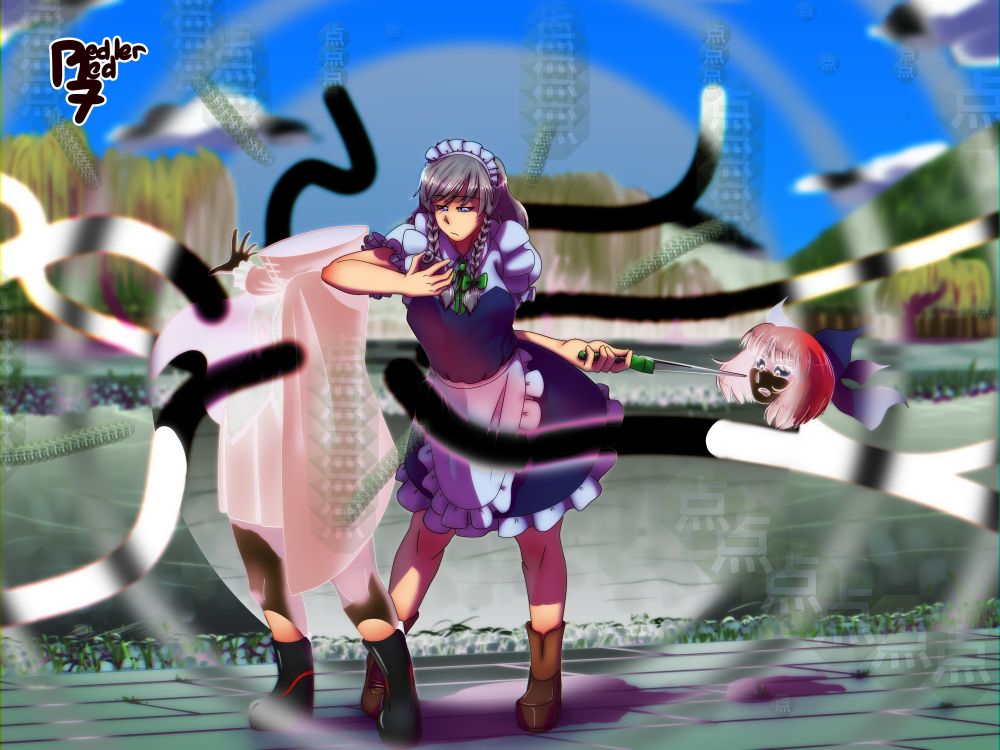 Touhou Project fanart. Sakuya Izayoi in frozen time, resting her elbow on Sekibanki's shoulder while she casually points a knife at Sekibanki's floating severed head. Sekibanki looks surprised by the knife, while Sakuya boredly looks at her pocket watch.
