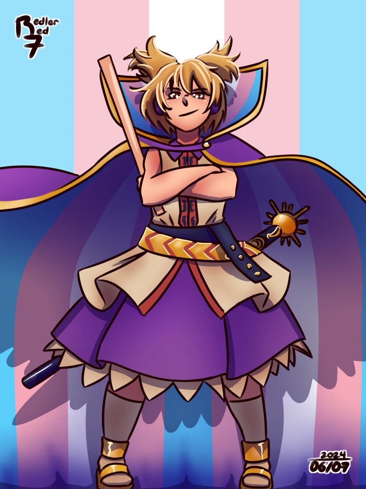 Touhou Project fanart. Toyosatomimi no Miko dramatically posed with her arms crossed, her feet square on the ground and spread apart, and her cape billowing behind her. The inside of her cape is striped with the colors of the trans-pride flag.