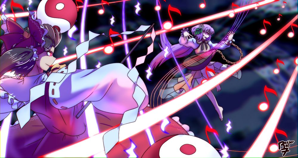 Touhou fanart. Benben in the middle of shooting a criss-cross of curving lasers and a salvo of music note and rest projectiles at Reimu, who barely dodges, the lasers grazing her sides.
