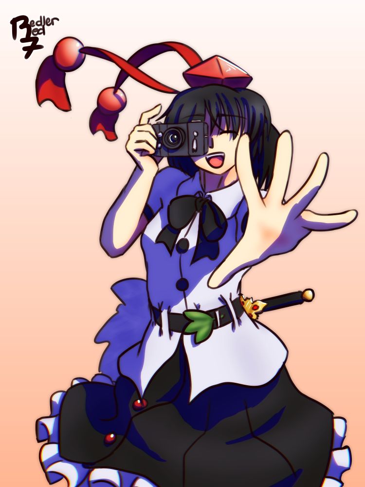 Touhou fanart. Aya waving to the viewer while she snaps a picture with her camera.
