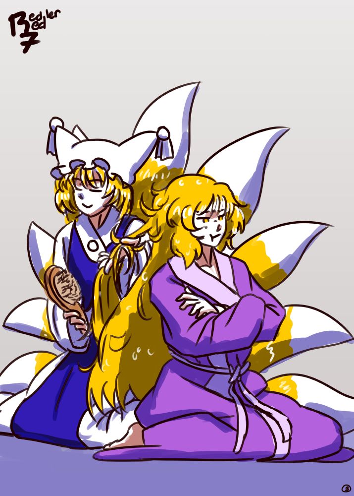 Touhou fanart comic, page 3 of 3. Yukari sitting in in a bath robe, arms crossed with a pout on her face. Her hair still somewhat damp as Ran brushes her hair with a serene smile..

