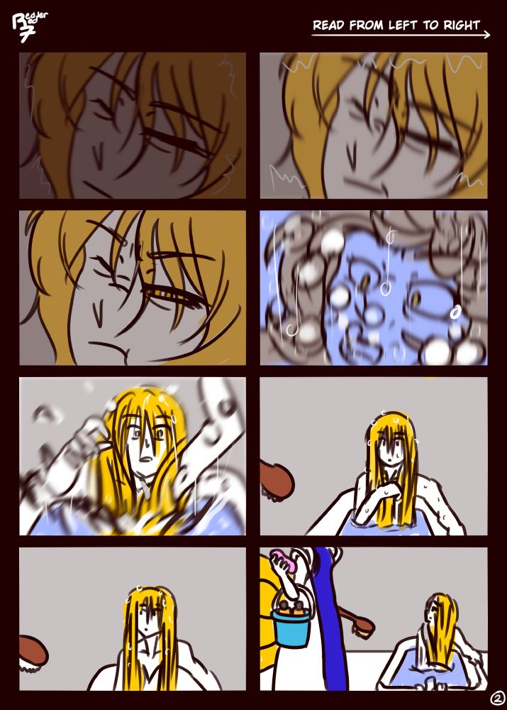 Touhou fanart comic, page 2 of 3. Yukari slowly fades into consciousness as she feels her body be jostled around. Then she suddenly jolts fully awake when she's dumped into water. She scrambled to a seated position and looks around in a panic. That panic slowly fades as she realizes shes just in her bath tub. Ran is standing next to her with toiletries. Ran is forcing her to bathe.

