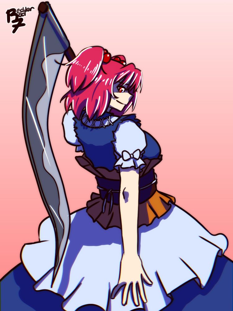 Touhou fanart. Komachi with her back to the viewer, haft of her scythe resting on her shoulder, scythe blade hanging behind her. She turns to give the viewer a smile.
