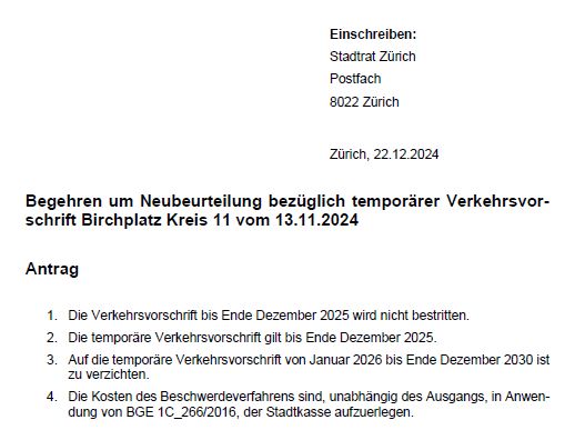 Antrag um Neubeurteilung bezüglich des Kreisel Birchplatzes