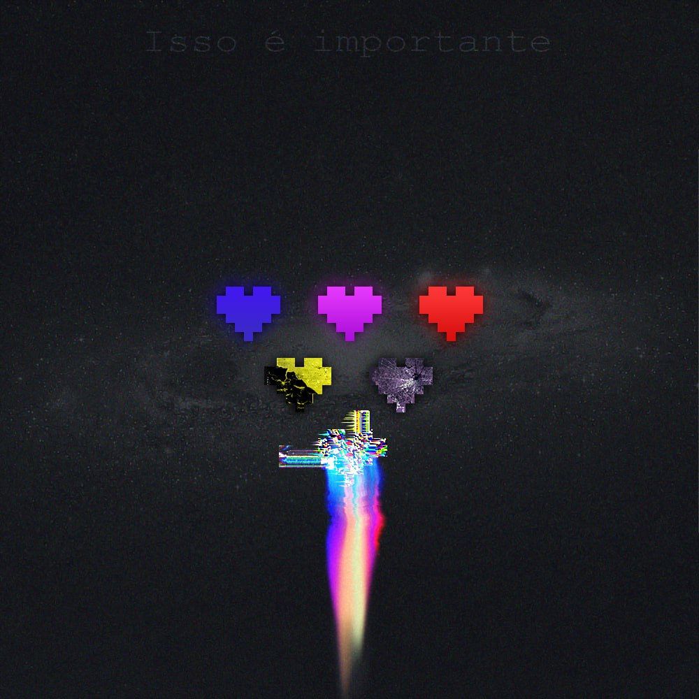 arte digital com proporção de 1:1. a imagem possui 6 corações centralizados, um azul, um rosa, um vermelho, em baixo, um amarelo, um roxo, e, na última linha, um de cor indeterminada. o coração amarelo tem uma mancha escura e o roxo possui um buraco com rachaduras em volta, como se fosse um vidro quebrado. o último coração é uma mancha amorfa de várias cores que se estende até a parte mais baixa da imagem. o fundo da imagem é uma galáxia com um contraste extremamente baixo, se mesclando com o preto, sendo bem difícil de ver. no topo da imagem, há um texto monoespaçado centralizado horizontalmente que diz "Isso é importante".

